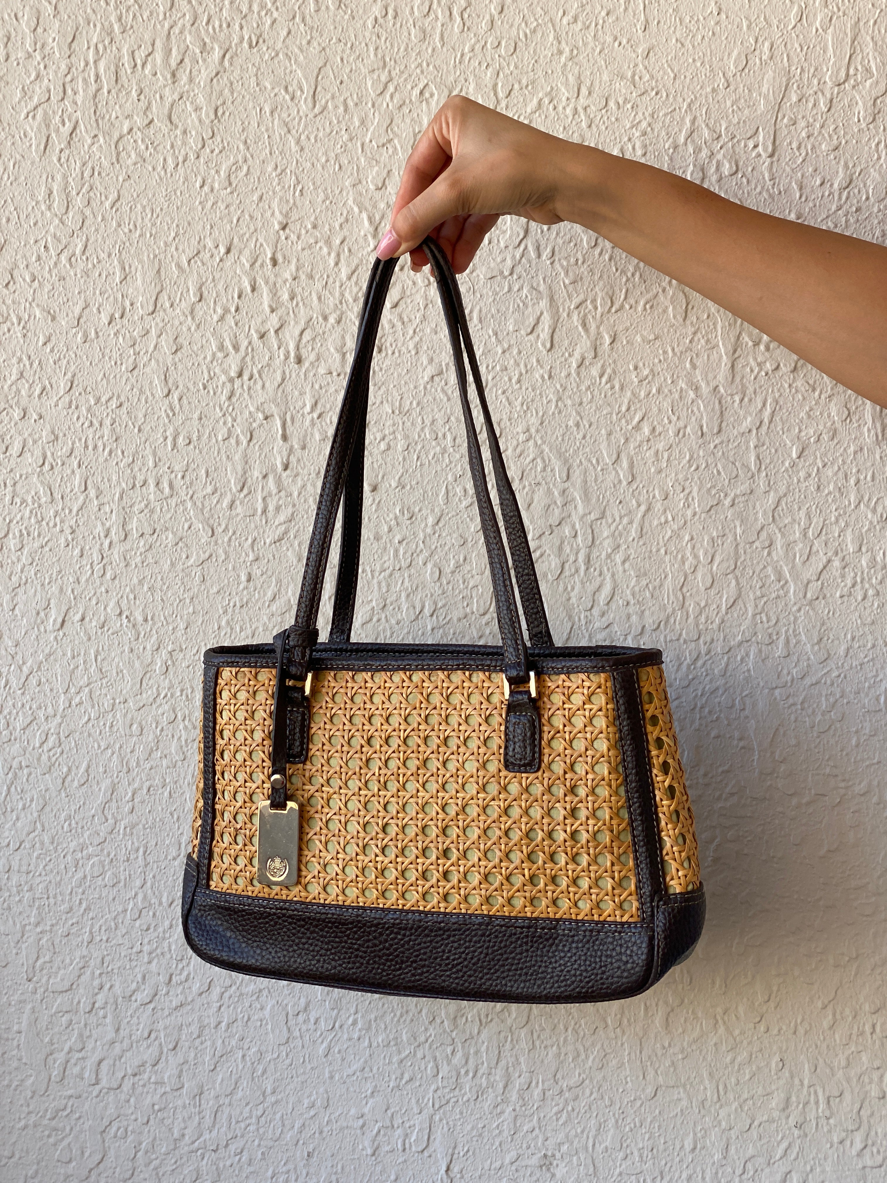 Liz Claiborne Woven Rattan Vegan Brown Leather Straw Shoulder Bag