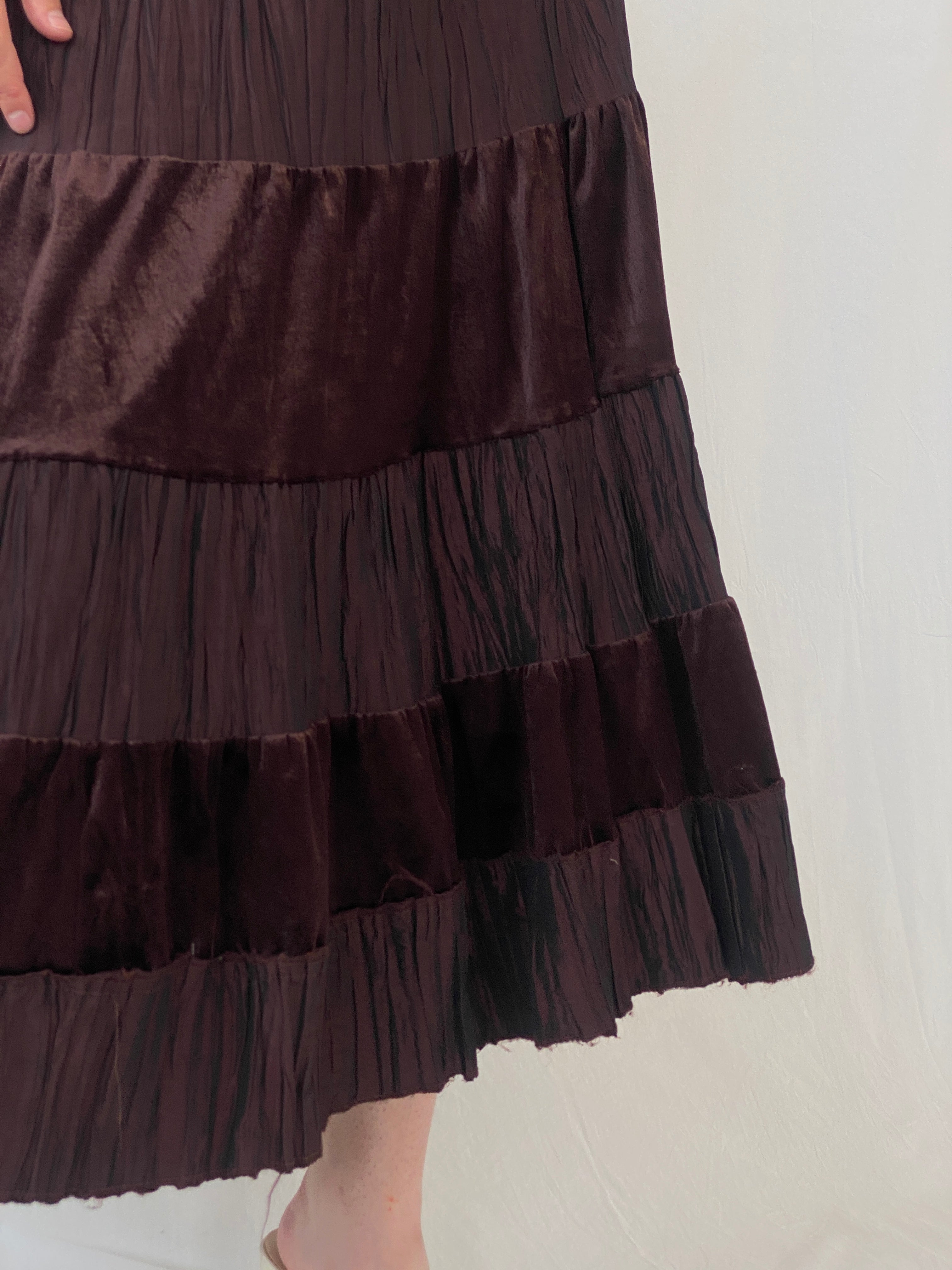 Y2K Gipsy Layered Brown Midi Velvet Cotton Elastic Waist Skirt - L