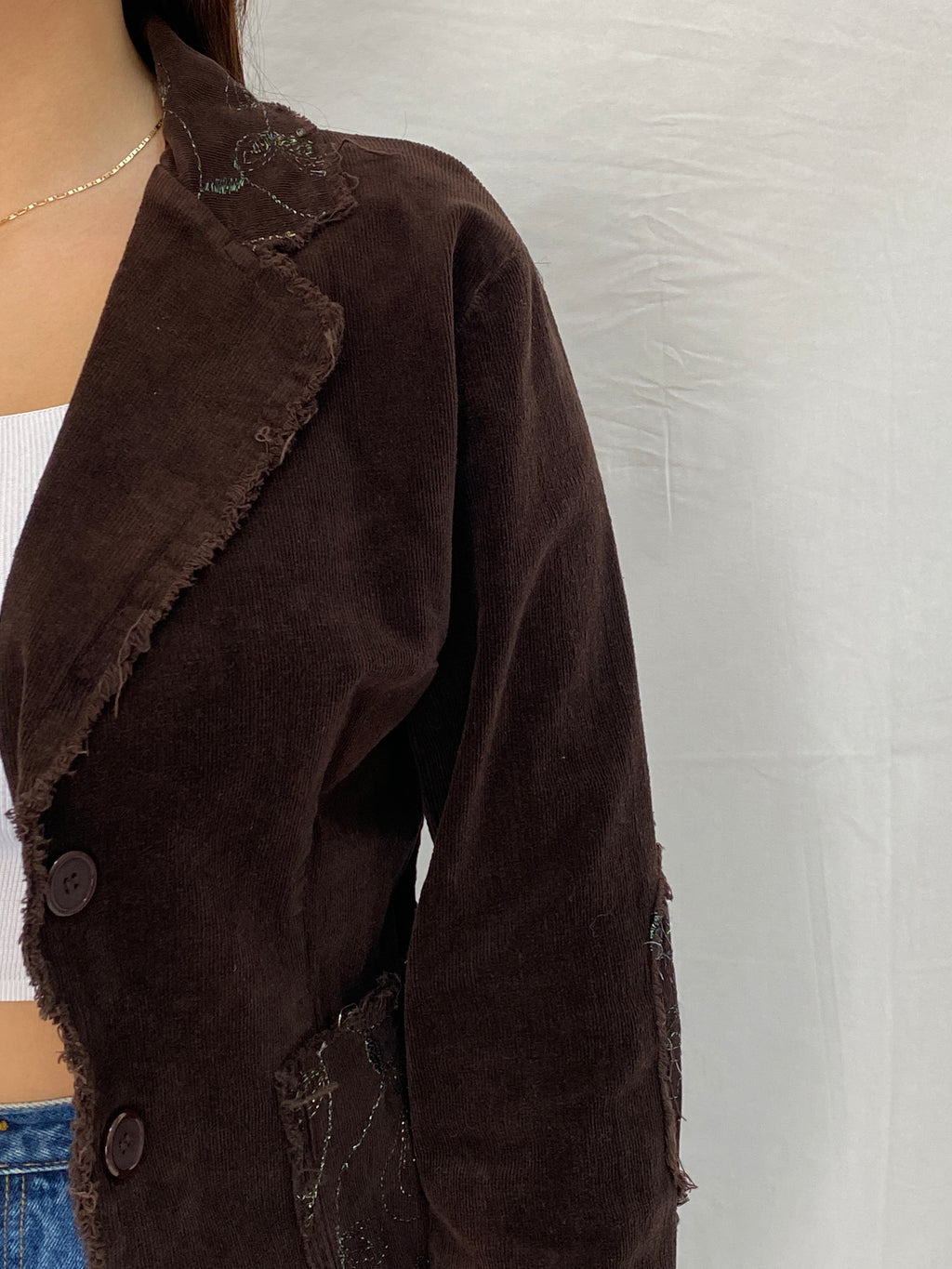 Vintage Y2K Italian Corduroy Blazer  Chocolate Distressed Raw Edge Embroidered Jacket - S