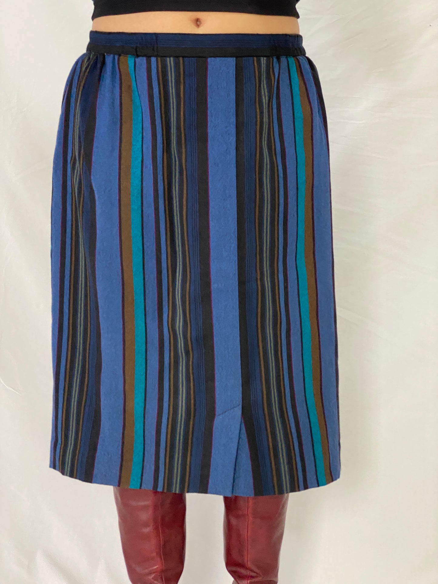 Vintage Pure Wool Sporting Dress Skirt & Jacket Set Blue Striped Two-Piece Set - L