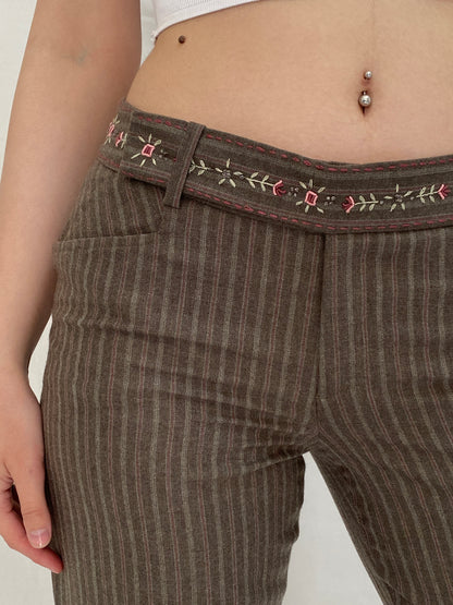 Vintage Rebecca Taylor Brown Wool Pinstripe Embroidered Flare Pants - M