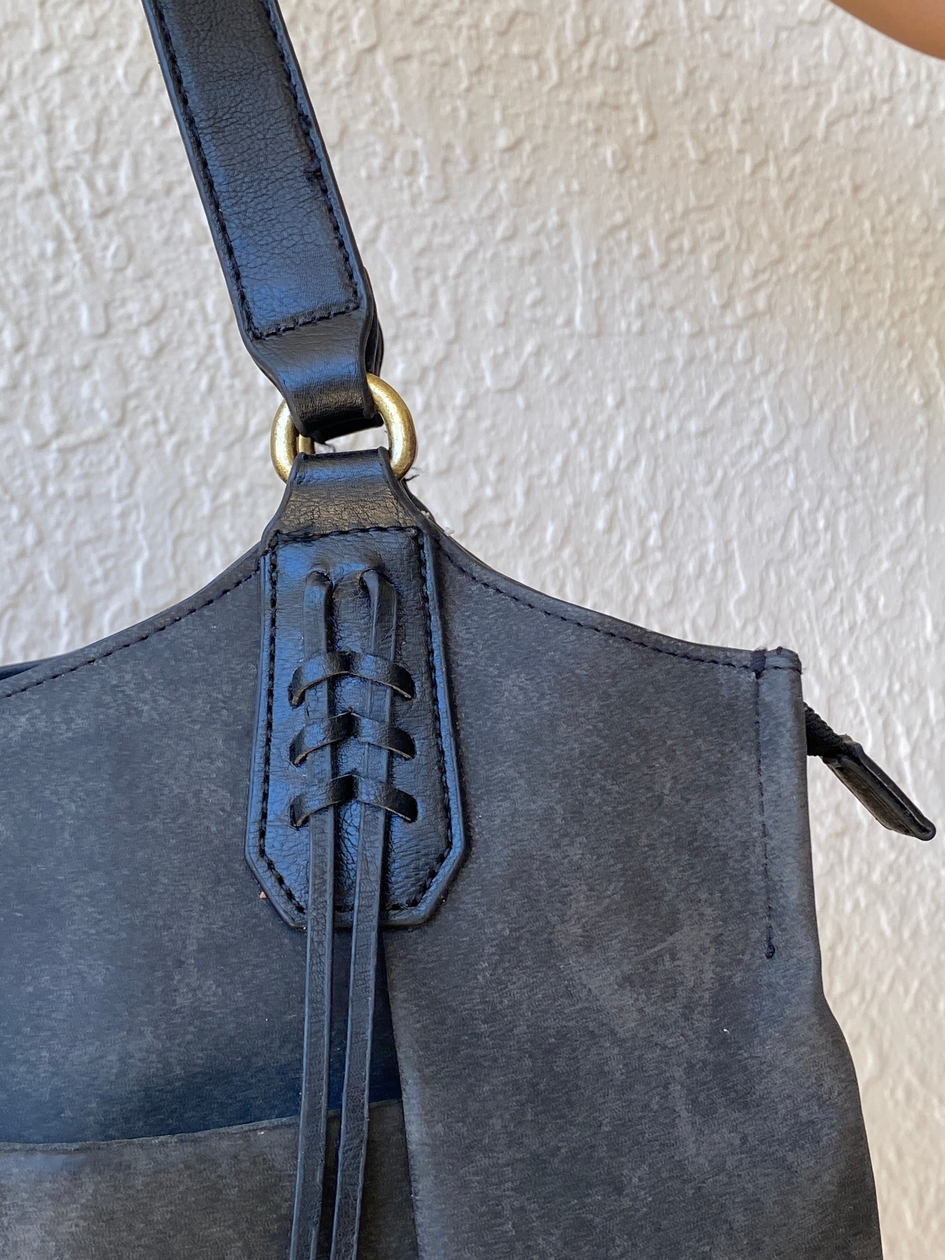 Rosetti Stella Dark Gray Distressed Leather Purse Large Tassel Hobo Shoulder Bag