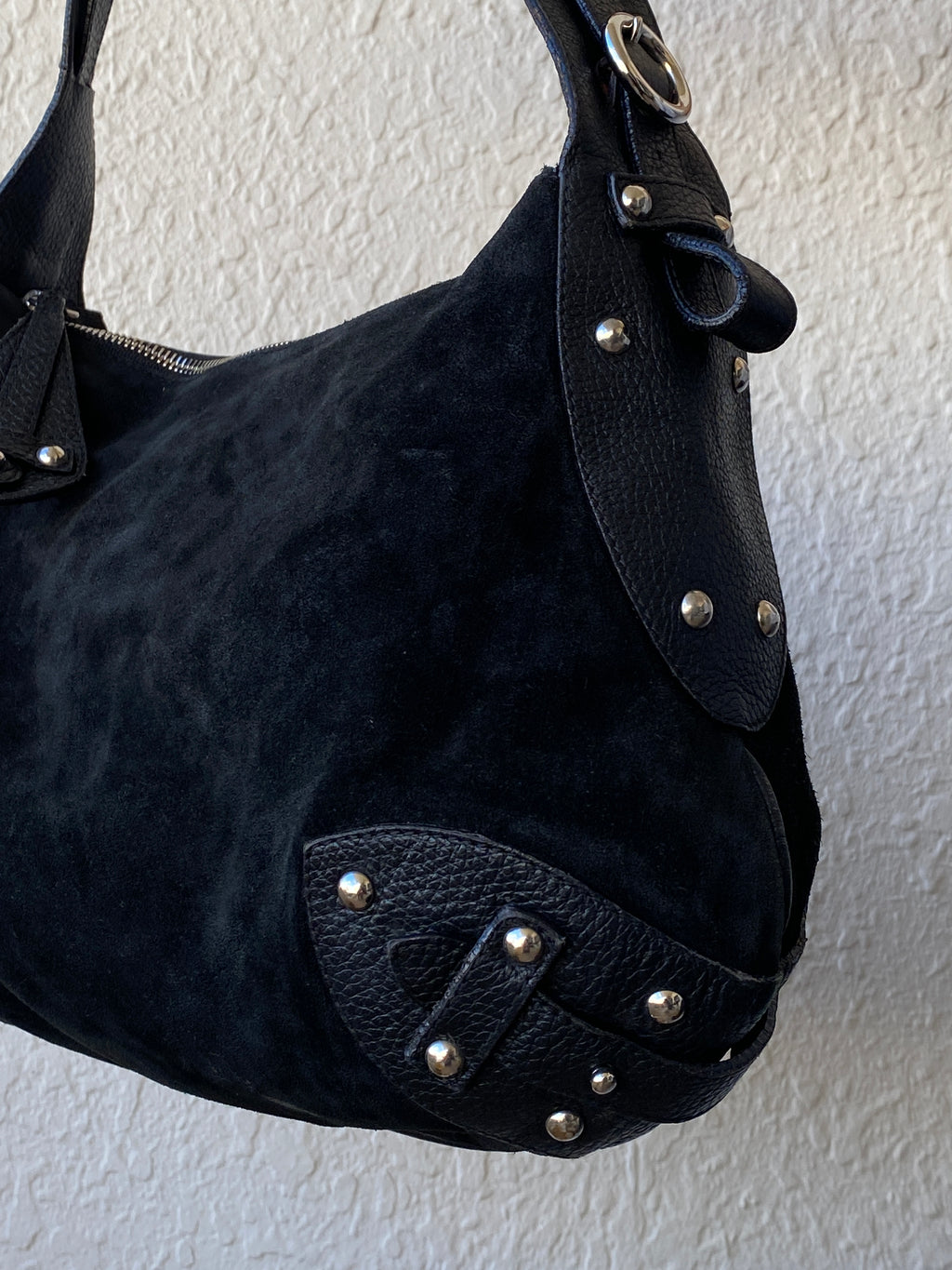 Vintage FURLA Genuine Suede Patent Leather Black Hobo Shoulder Bag