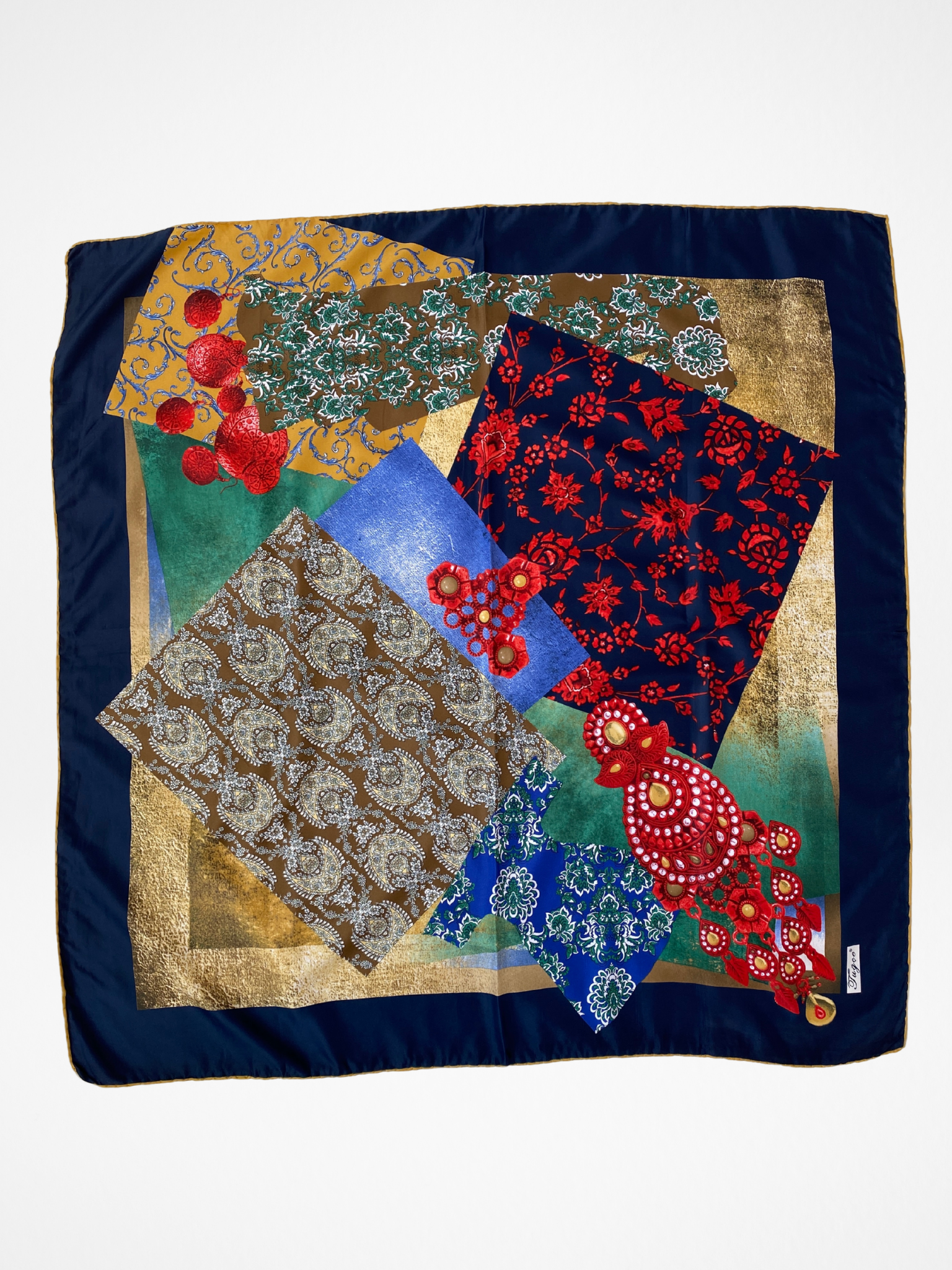 Vintage Tugee Patchwork Print Satin Navy Boho Square Scarf