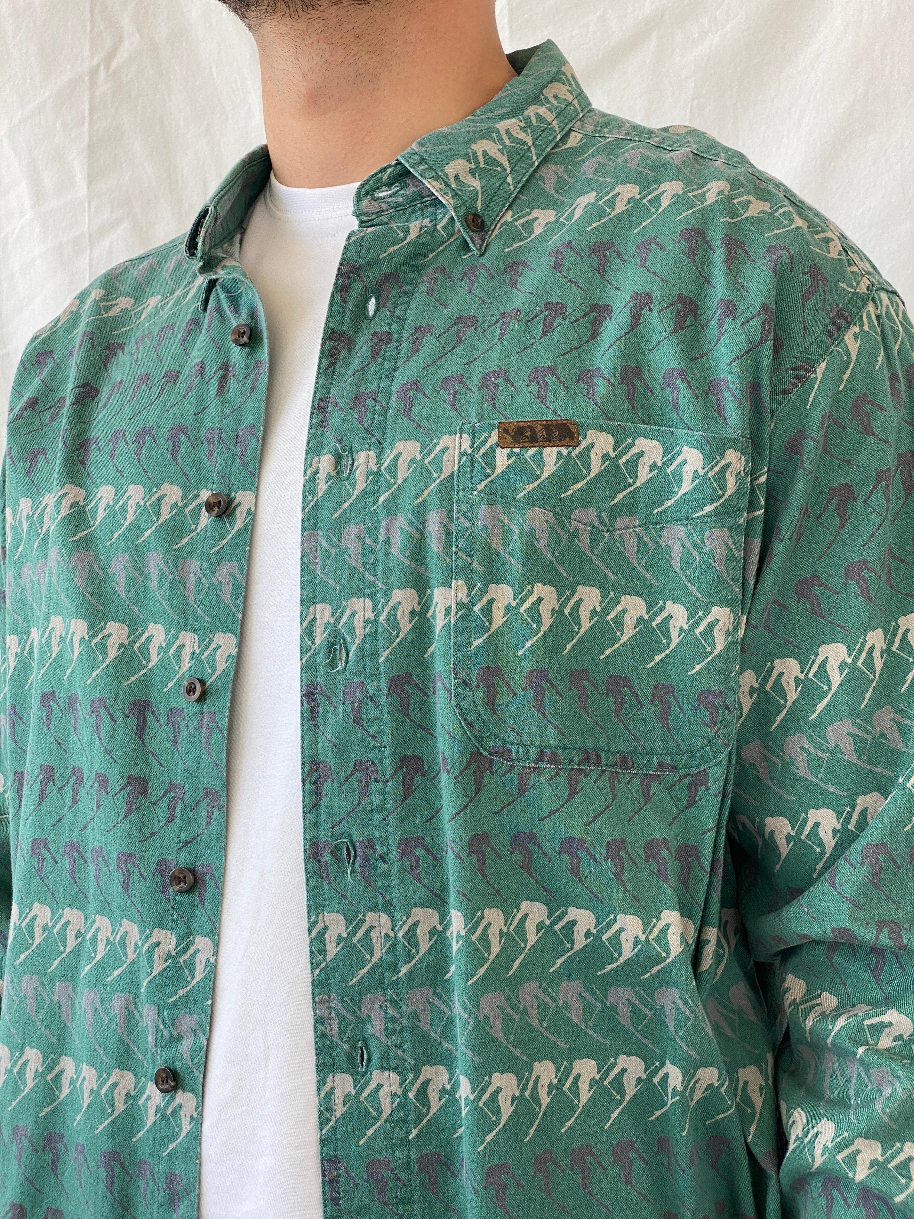 Vintage Woolrich Men’s Green Long Sleeve Cotton Skier Print Shirt - XL