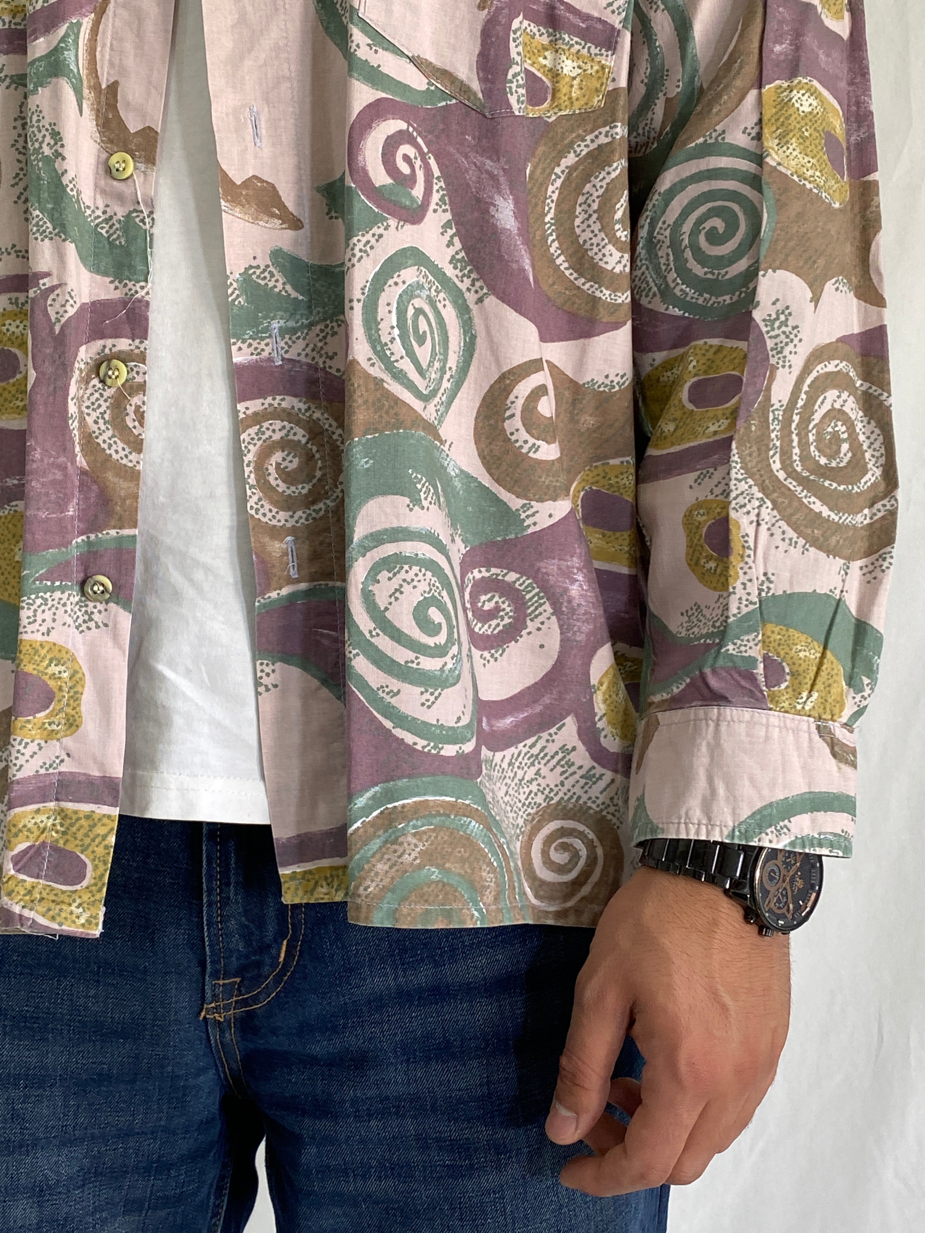 Vintage John F. Gee 90s Abstract Swirl Men’s Long Sleeve Shirt – XL