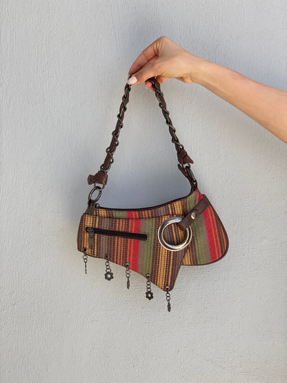 Vintage Y2K Multicolor Striped Mini Braided Chain Strap Shoulder Bag