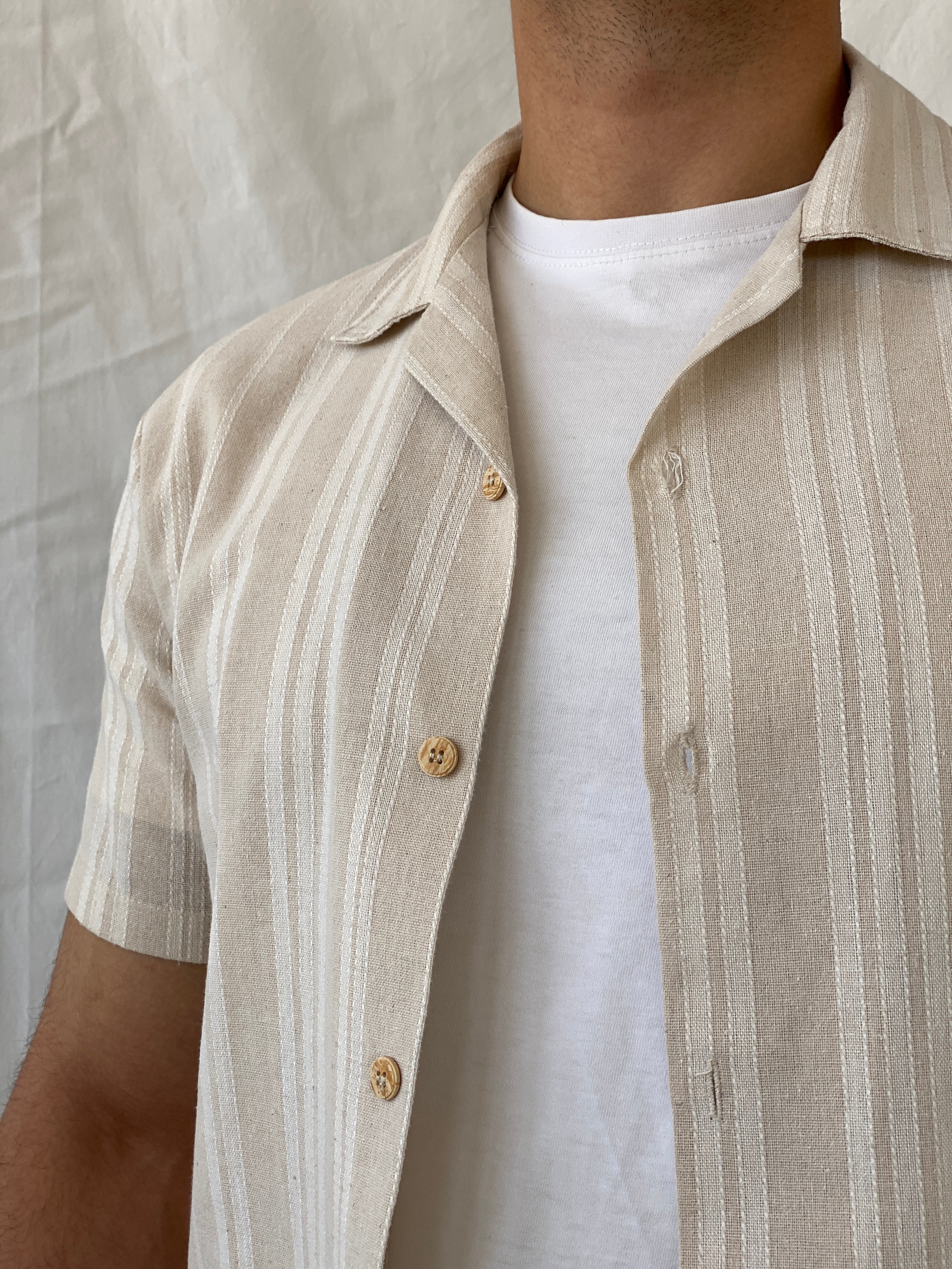 Kana Maru Striped Beige Half Sleeve Button Up Men’s Shirt - M
