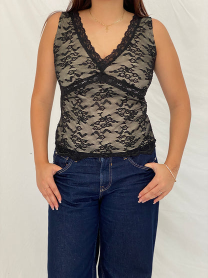 Vintage Y2K Worthington Black Floral Lace Stretch Tank Top – M