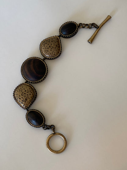 Vintage Lucky Brand Boho Wood & Brass Bracelet Toggle Clasp Ethnic Statement Jewelry