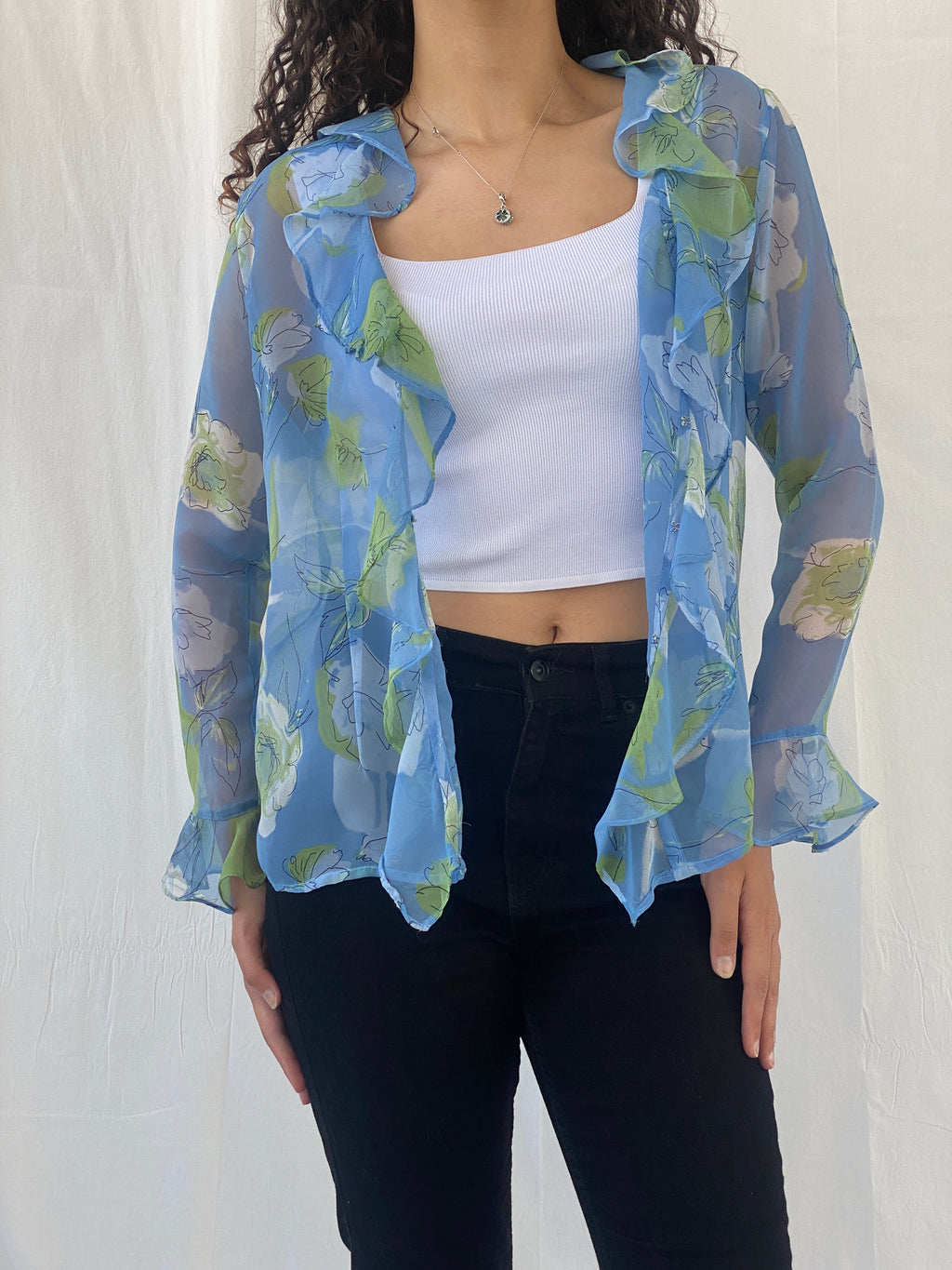 Vintage Penmaris Sheer Blue Floral Green Ruffled Trim Cardigan - M