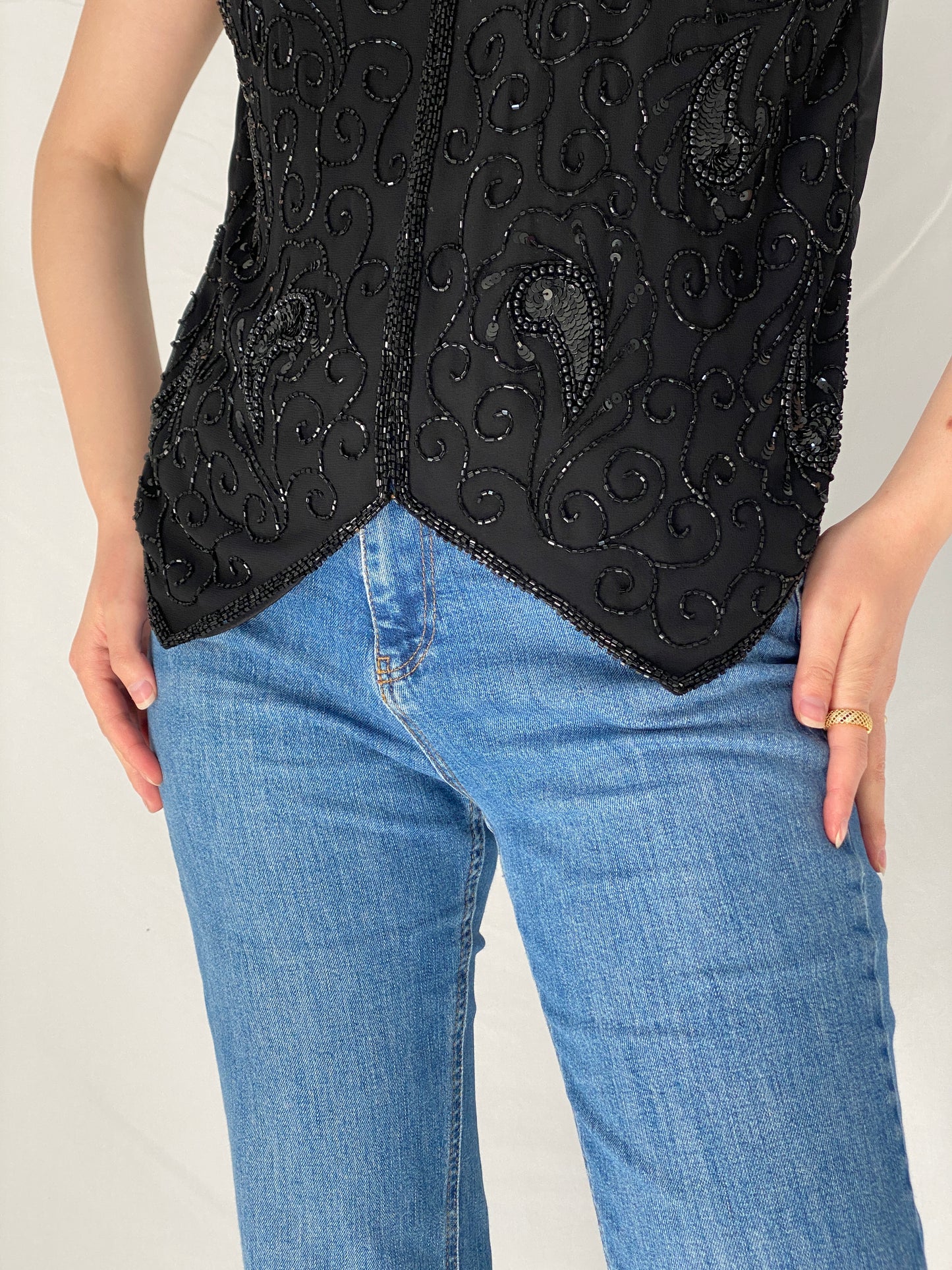 Vintage Black Paisley Sequined & Beaded Party Embellished Evening Vest - M