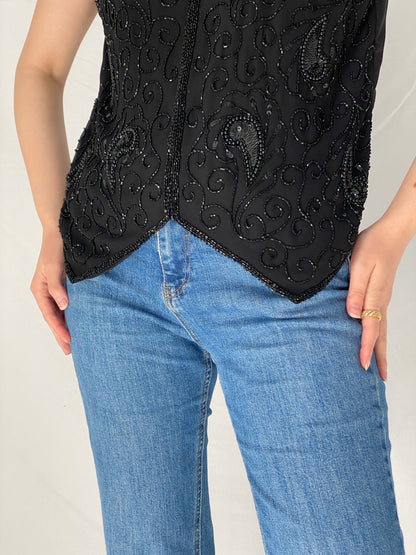 Vintage Black Paisley Sequined & Beaded Party Embellished Evening Vest - M