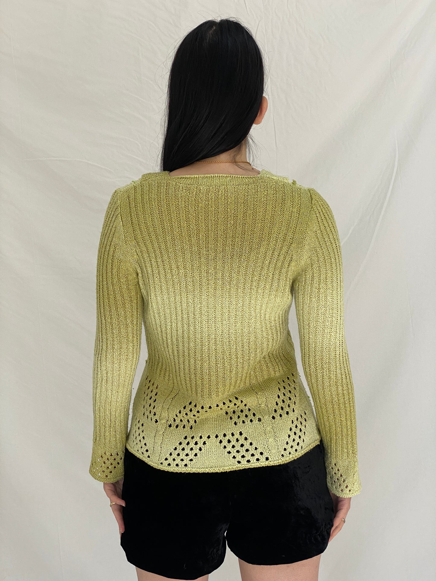 Vintage Y2K Motif Knitted Beaded Full Sleeve Top in Pistachio Green - M