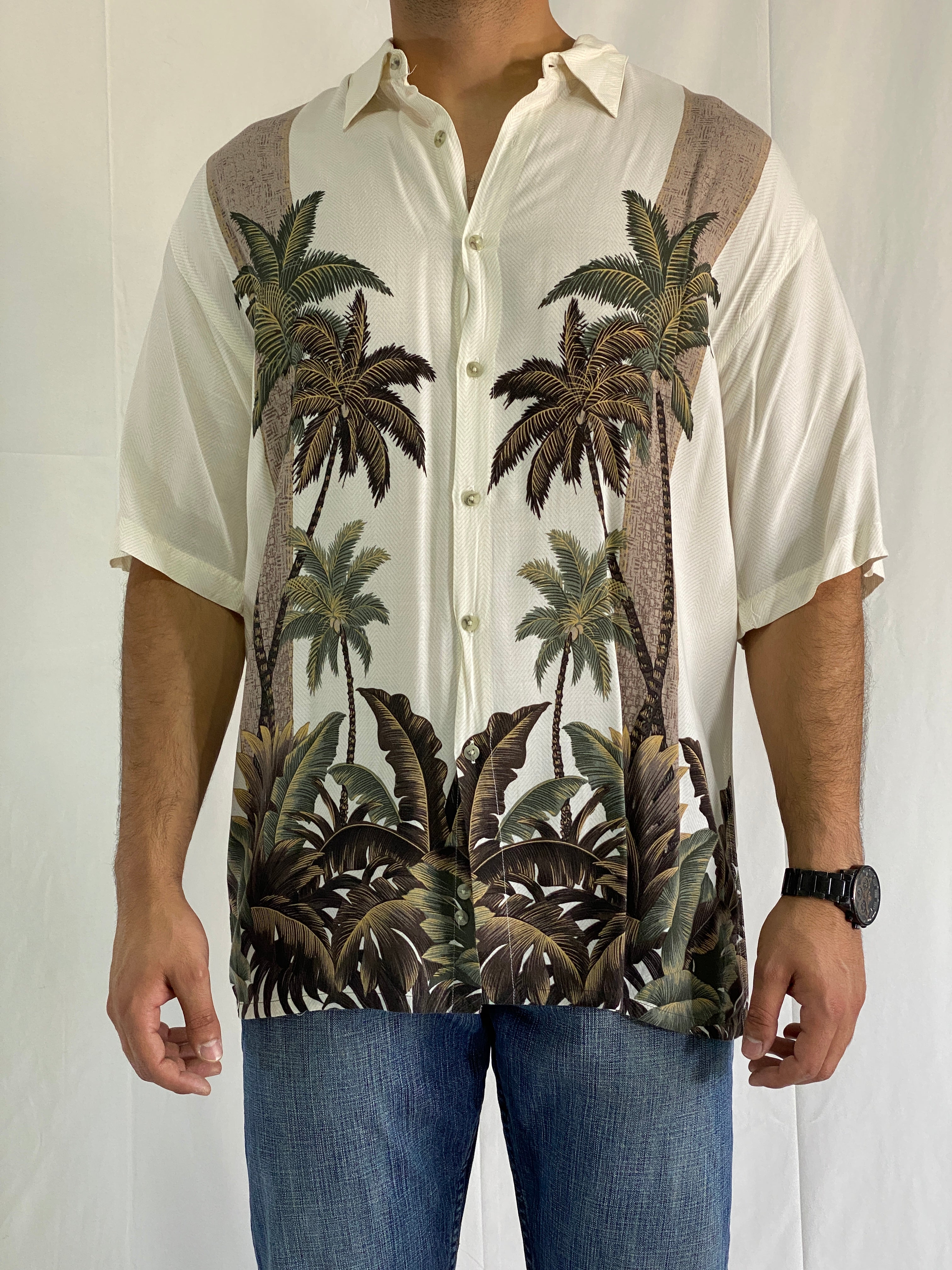 Vintage Hollis River Men’s Palm Tree Print Hawaiian Cream Short Sleeve Shirt - XL