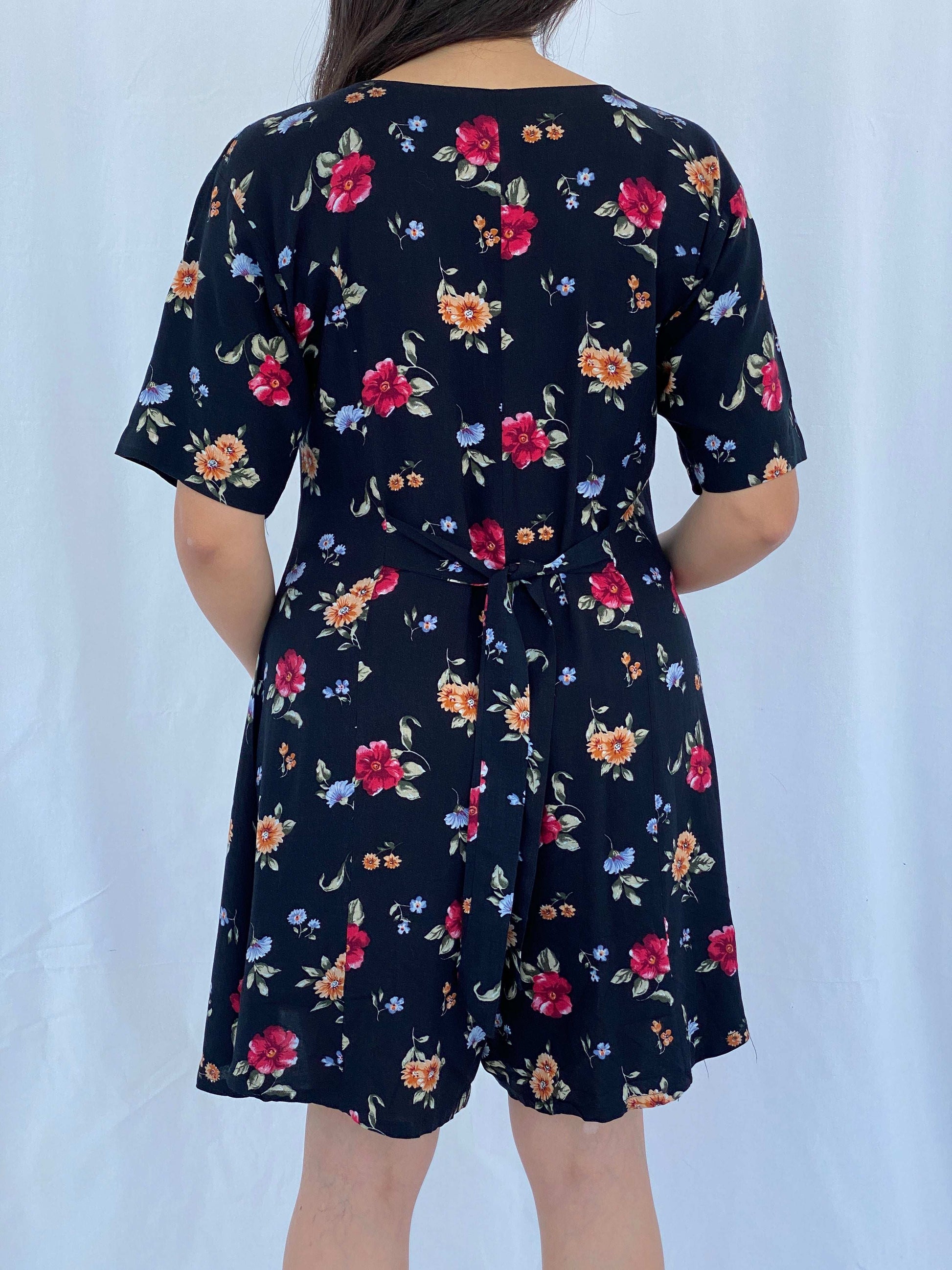 Vintage 90s Center Aisle Black Floral Short Playsuit Size L - Balagan Vintage Jumpsuit 90s, Aseel, floral, floral dress, floral print, NEW IN, summer