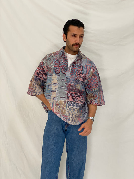 Vintage Fulton Street Shirtworks Abstract Print Elastic Hem Shirt – 2XL