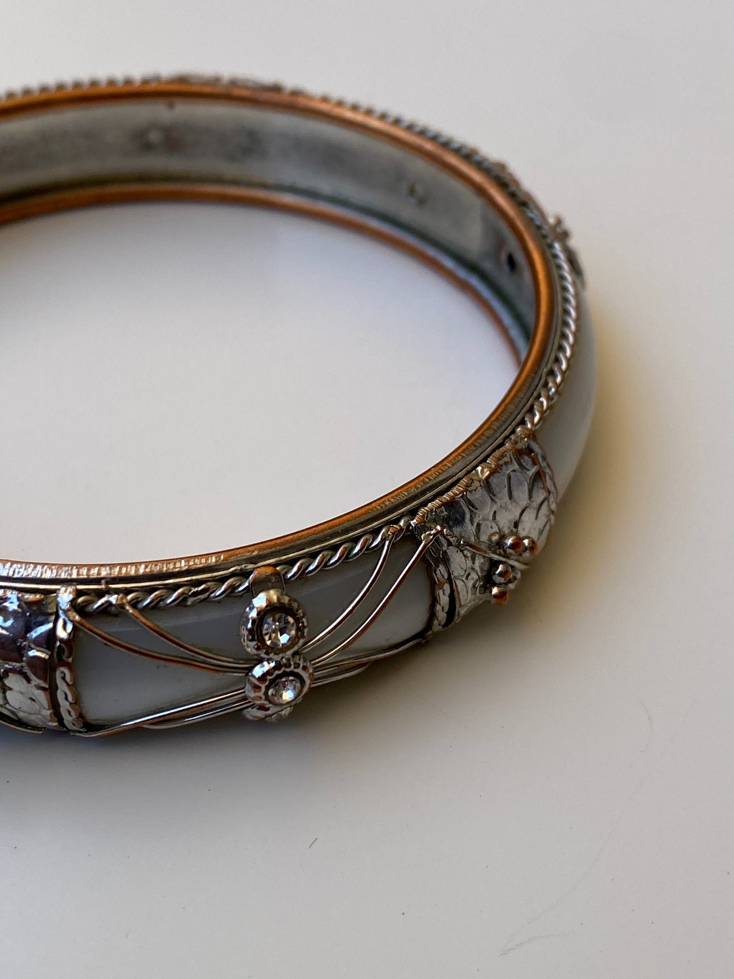 Vintage White Enamel & Silver-Tone Ornate Bangle Bracelet Rhinestone Detail