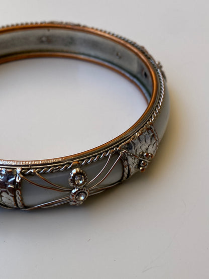 Vintage White Enamel & Silver-Tone Ornate Bangle Bracelet Rhinestone Detail