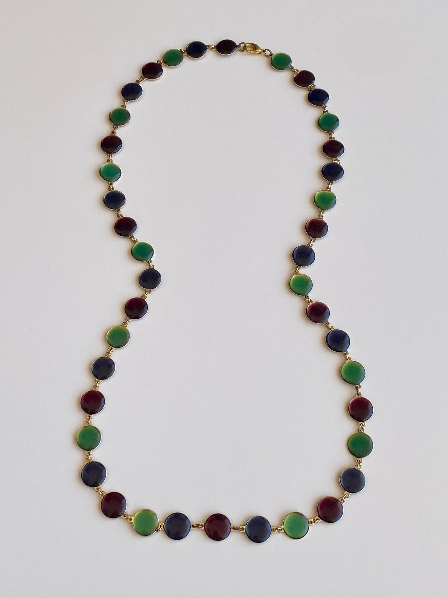 Vintage Double-Sided Green & Burgundy Lucite Disc Long Necklace