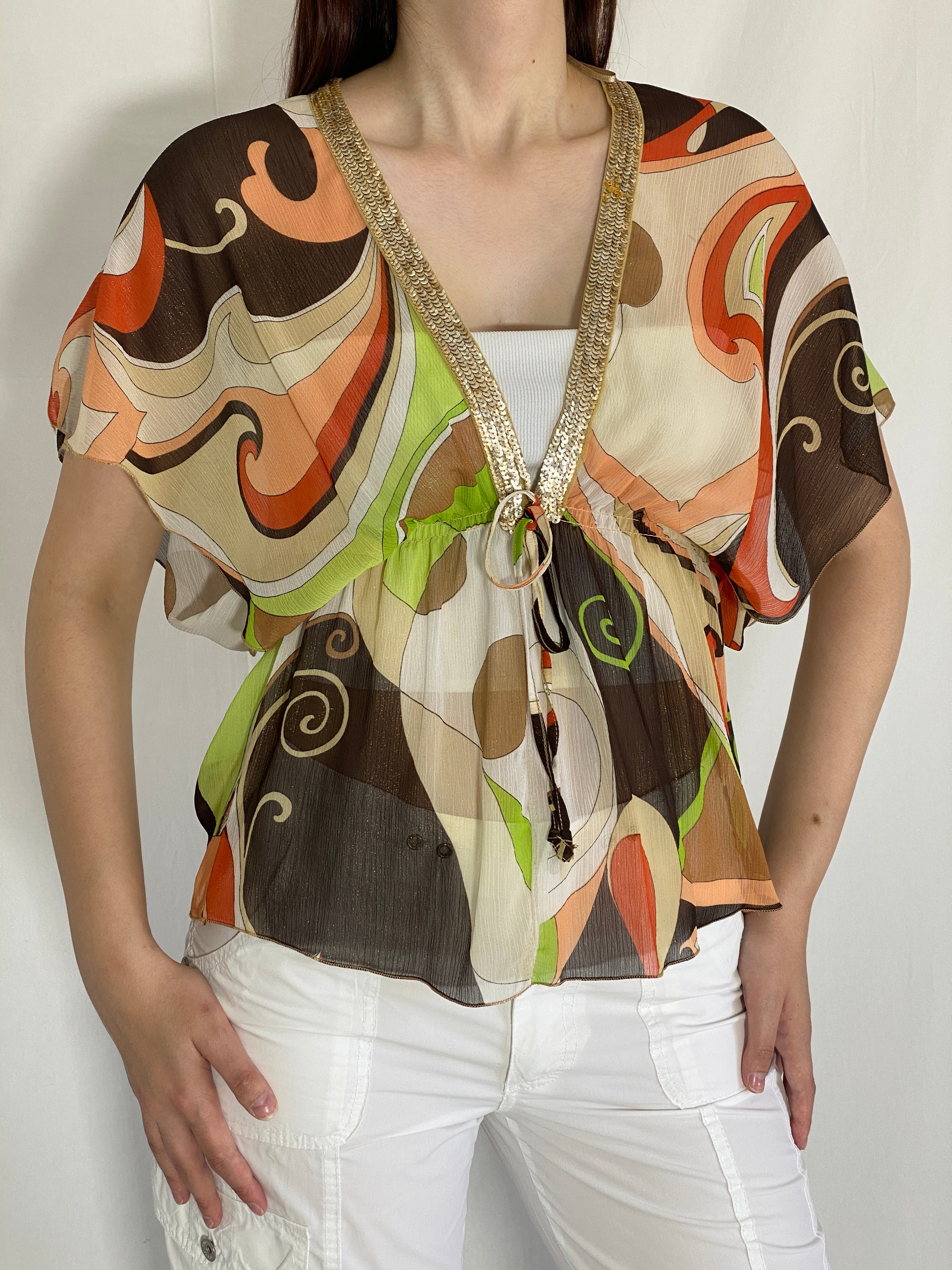 Y2K Quiz Groovy Sheer Boho Top Retro Print Glitter Trim Blouse - L