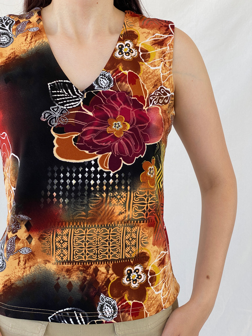 00s Y2K Biaggini Floral V-Neck Sleeveless Top - L