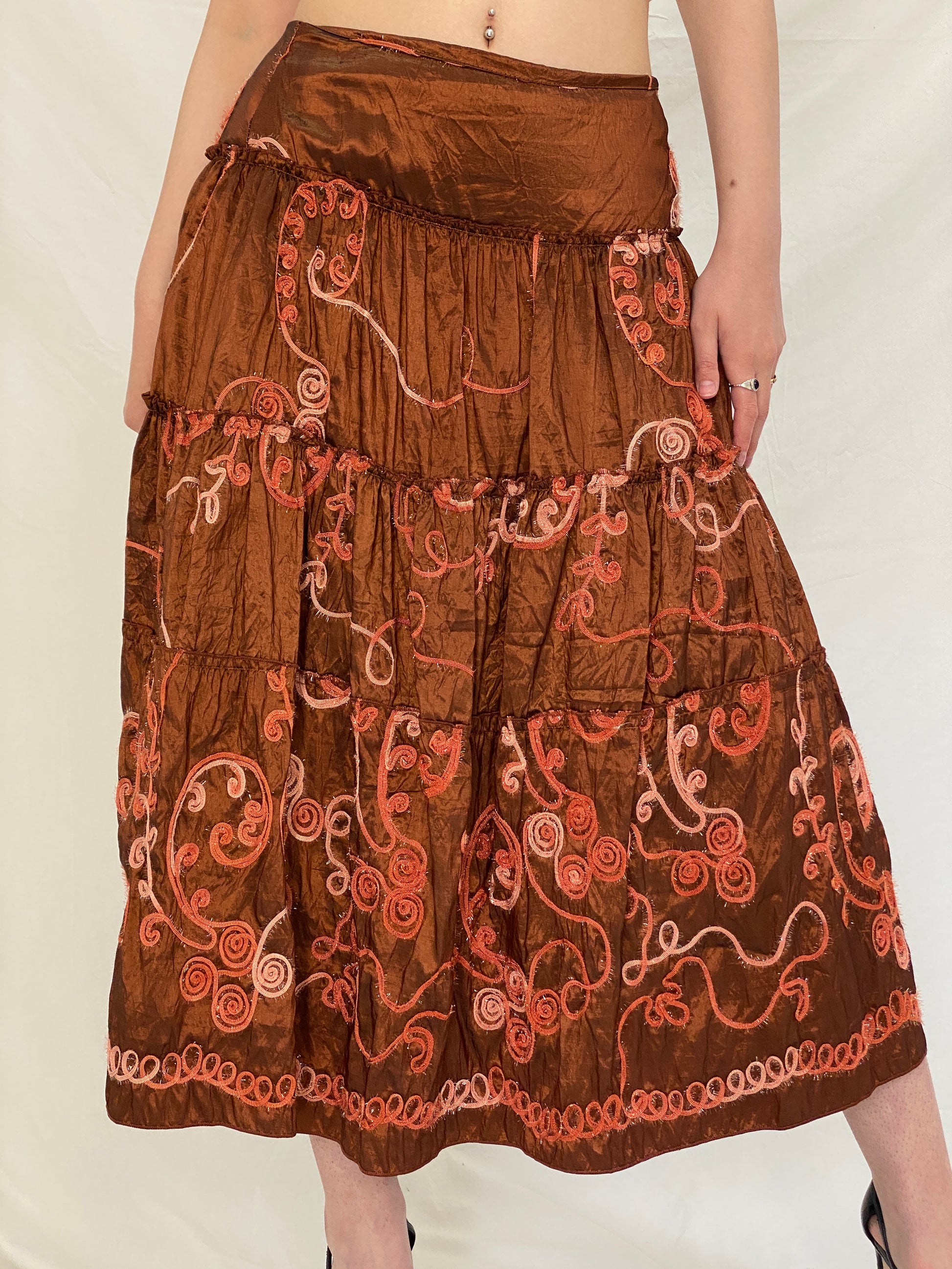 Vintage Over 16 Embroidered Metallic Brown Wrap Halter Top & Tiered Midi Skirt Co-ord Set - M Vintage Over 16 Embroidered Metallic Brown Wrap Halter Top & Tiered Midi Skirt Co-ord Set - M