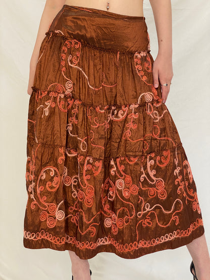 Vintage Over 16 Embroidered Metallic Brown Wrap Halter Top & Tiered Midi Skirt Co-ord Set - M