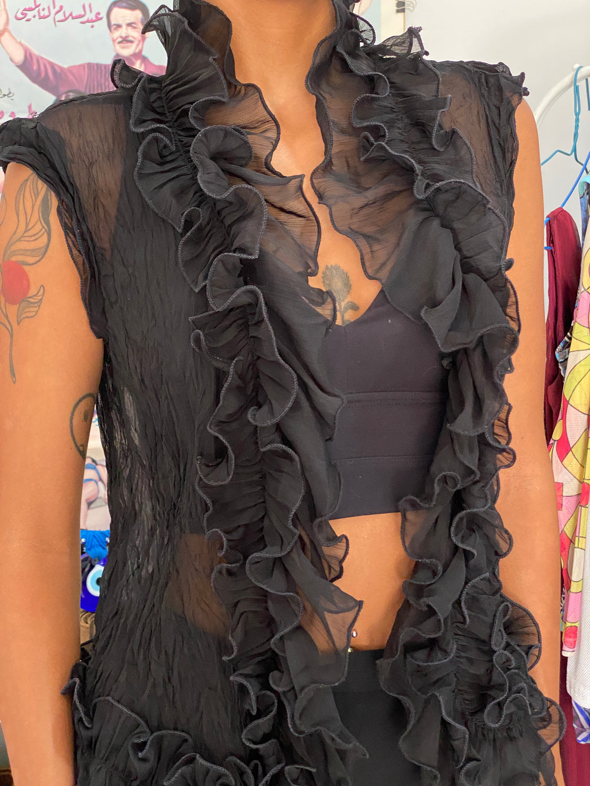 Y2K Emilie Black Sheer Sleeveless Ruffle Cardigan Chiffon Overlay – S Y2K Emilie Black Sheer Sleeveless Ruffle Cardigan Chiffon Overlay – S