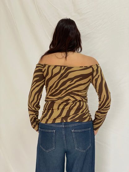 Vintage Juan Brise Brown Zebra Print Off-Shoulder Long Sleeve Stretch Top - L