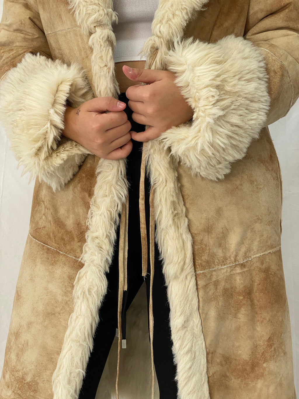 FREEHORN by Conbipel Faux Fur Lined Italian Genuine Leather Penny Lane Coat 70s Boho Jacket - XL