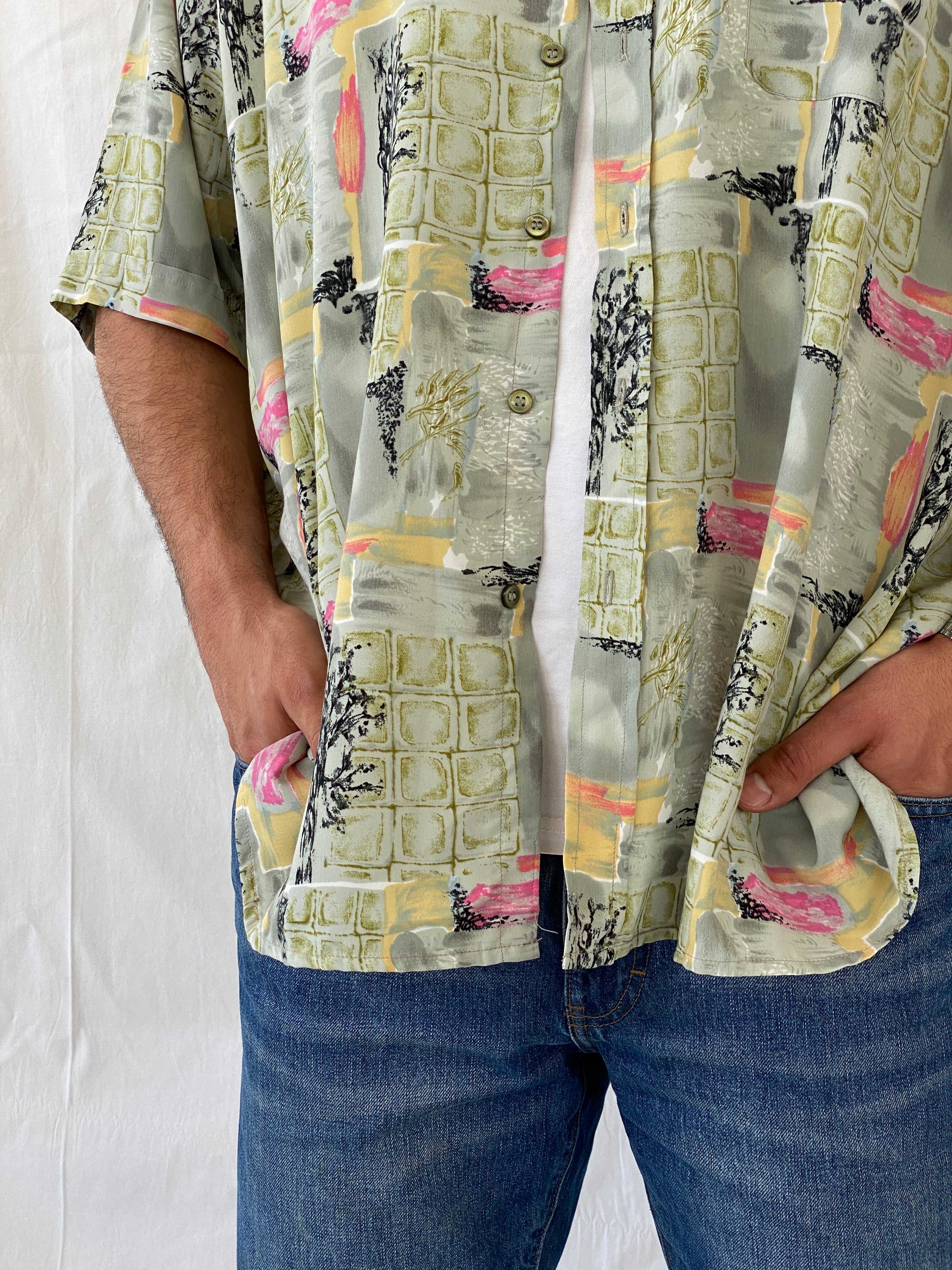 Vintage 90s ريڤوڤ Abstract Green Oversized Men’s Short Sleeve Shirt - XL