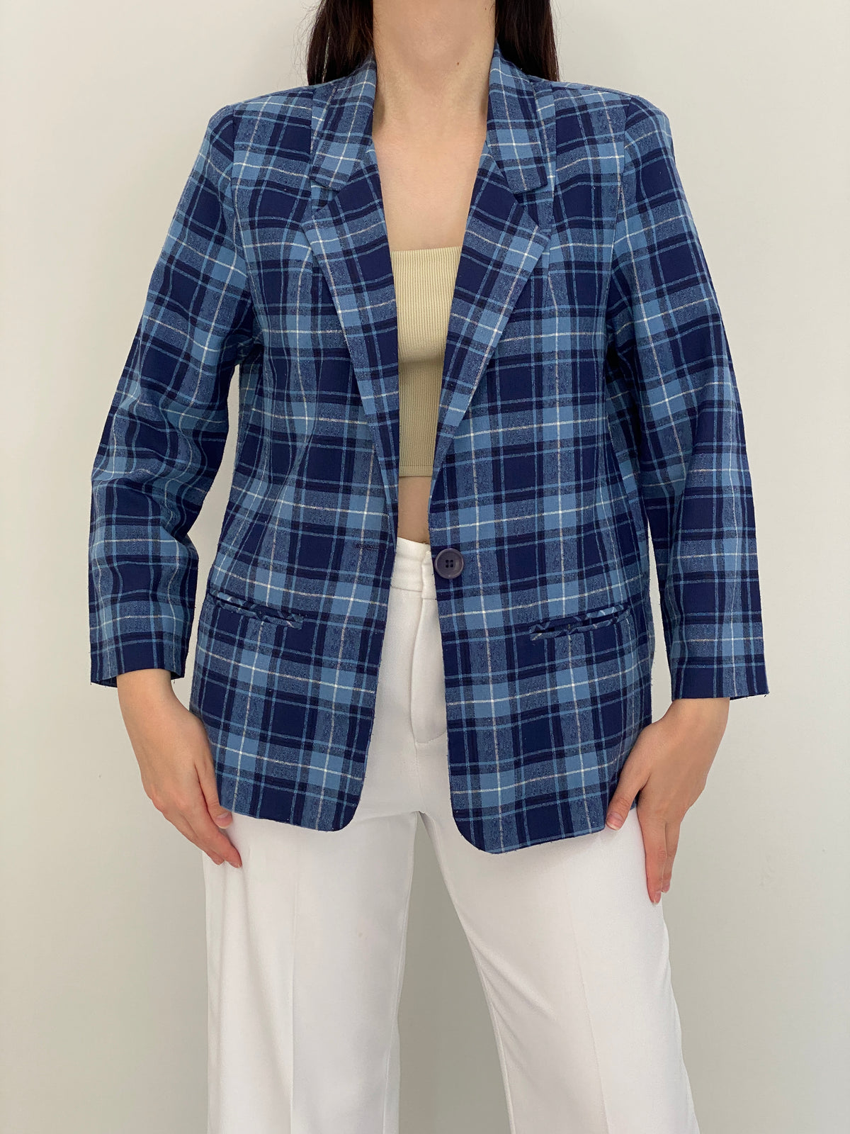 Vintage 90s Modern Essentials Blue Plaid Single-Breasted Blazer - M