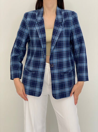 Vintage 90s Modern Essentials Blue Plaid Single-Breasted Blazer - M