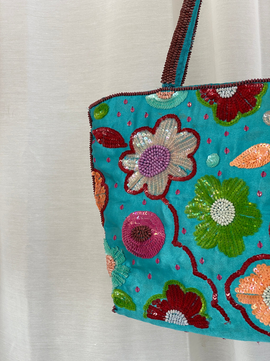 Beautiful Blue Satin Floral Sequined Beaded Strap Tote Bag