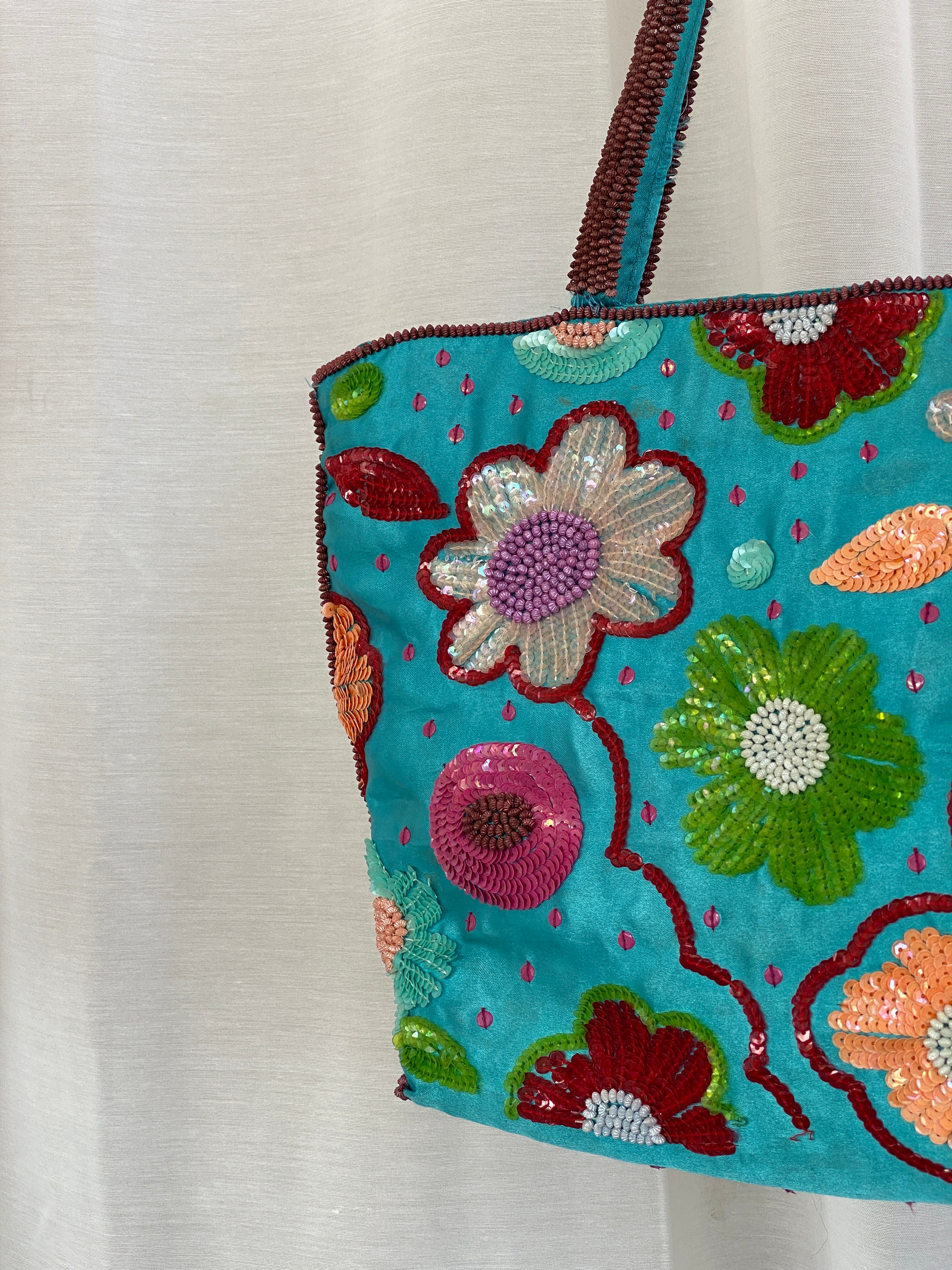 Beautiful Blue Satin Floral Sequined Beaded Strap Tote Bag