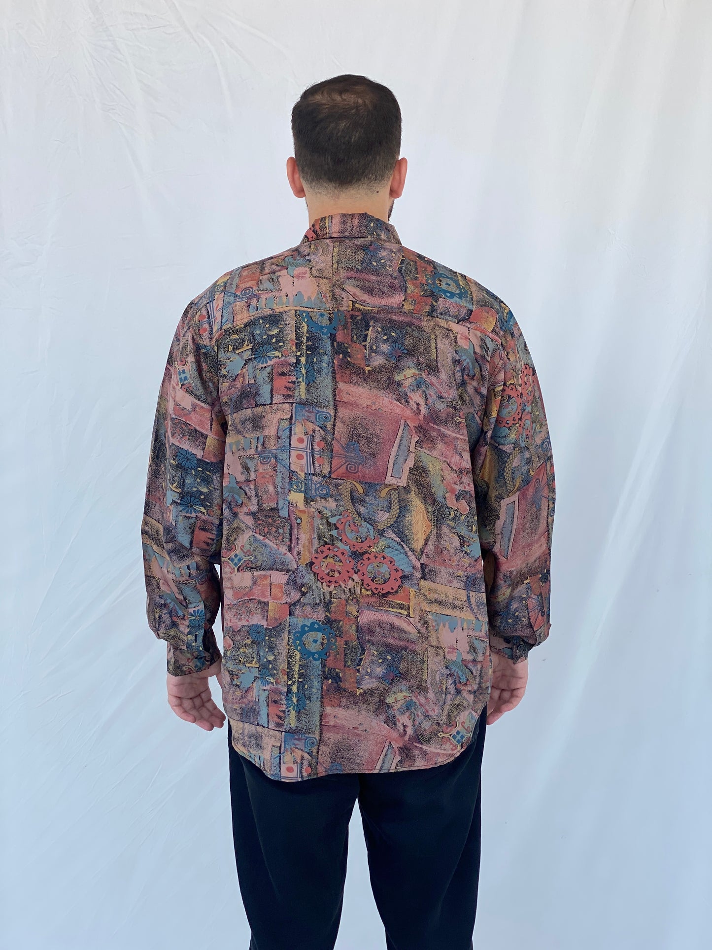 Y2K Bhs Printed Full-Sleeve Silk Shirt - M