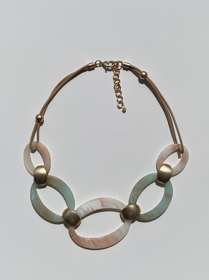 Vintage Y2K Mint & Blush Marbled Resin Oval Link Statement Necklace with Matte Gold Hardware