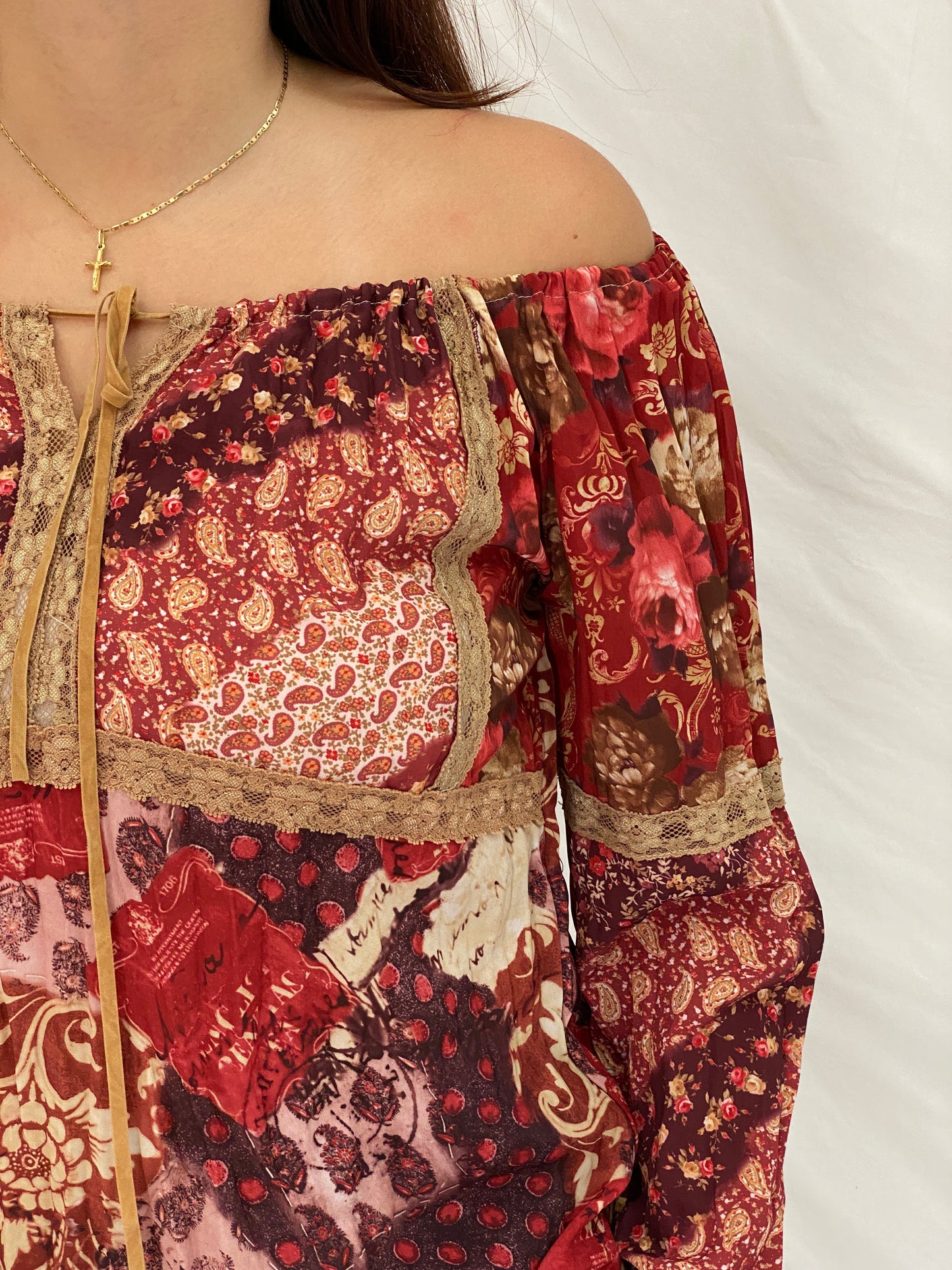 Vintage Y2K Fresh Wear Burgundy Patchwork Cottagecore Peasant Blouse - M