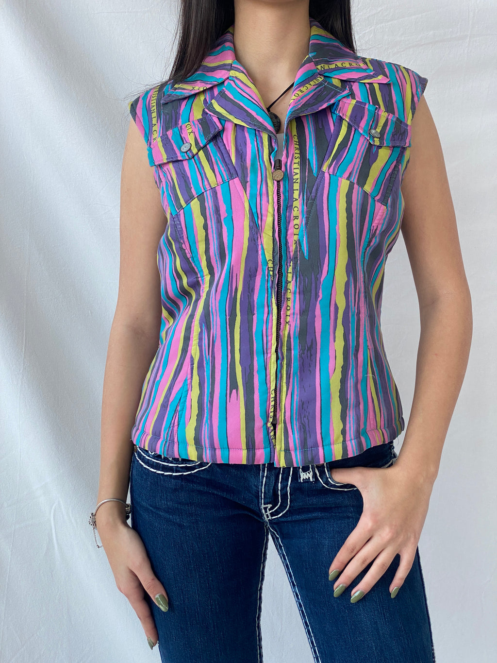 90s Vintage Christian Lacroix Fitted Zip Down Multicolored Vest - L