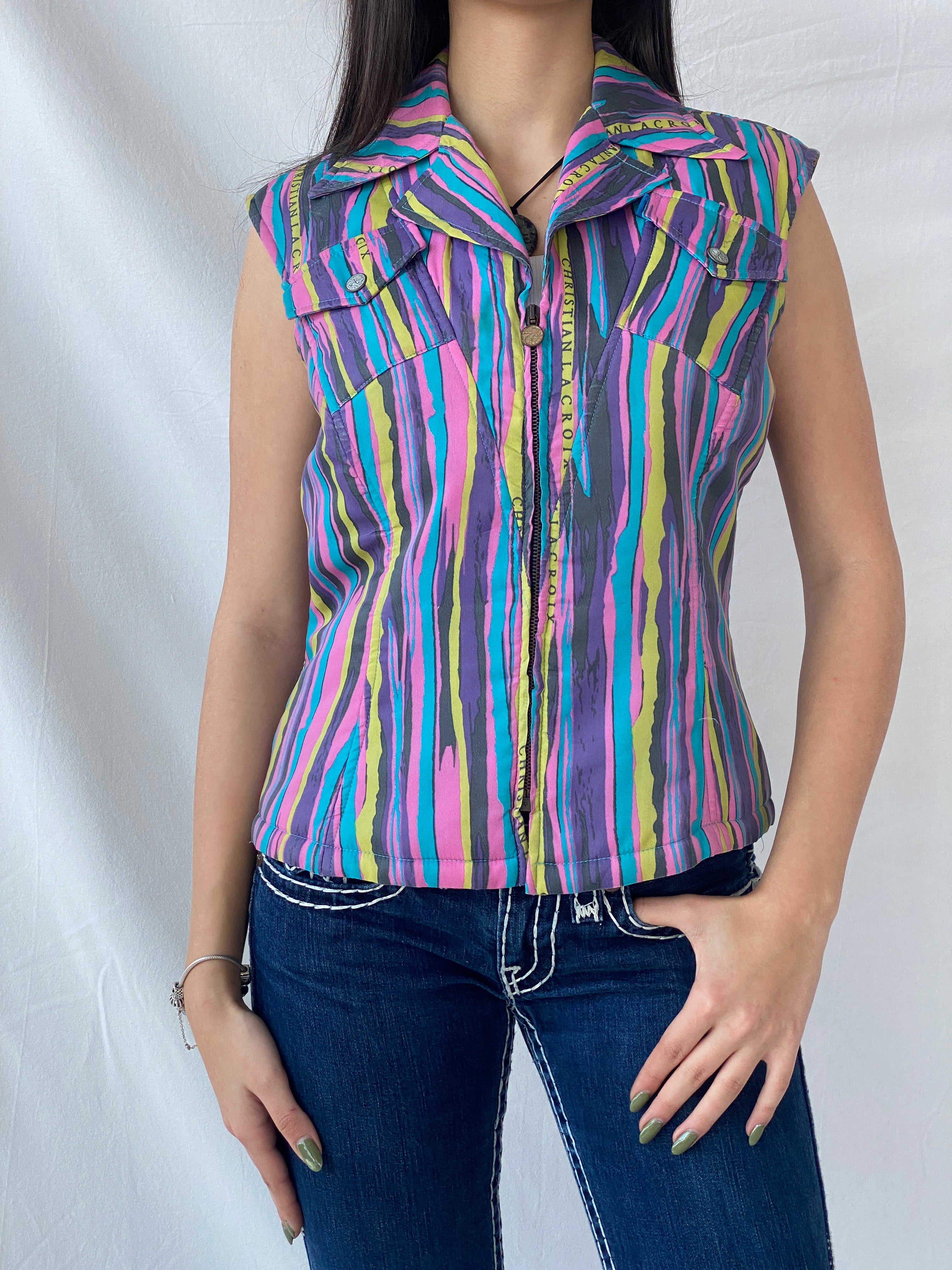 90s Vintage Christian Lacroix Fitted Zip Down Multicolored Vest - L