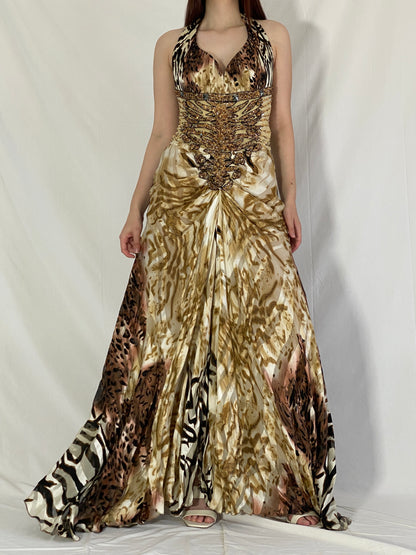 Statement Y2K Alrajaa Couture Beaded Animal Print Halter Evening Gown Roberto Cavalli Style - S