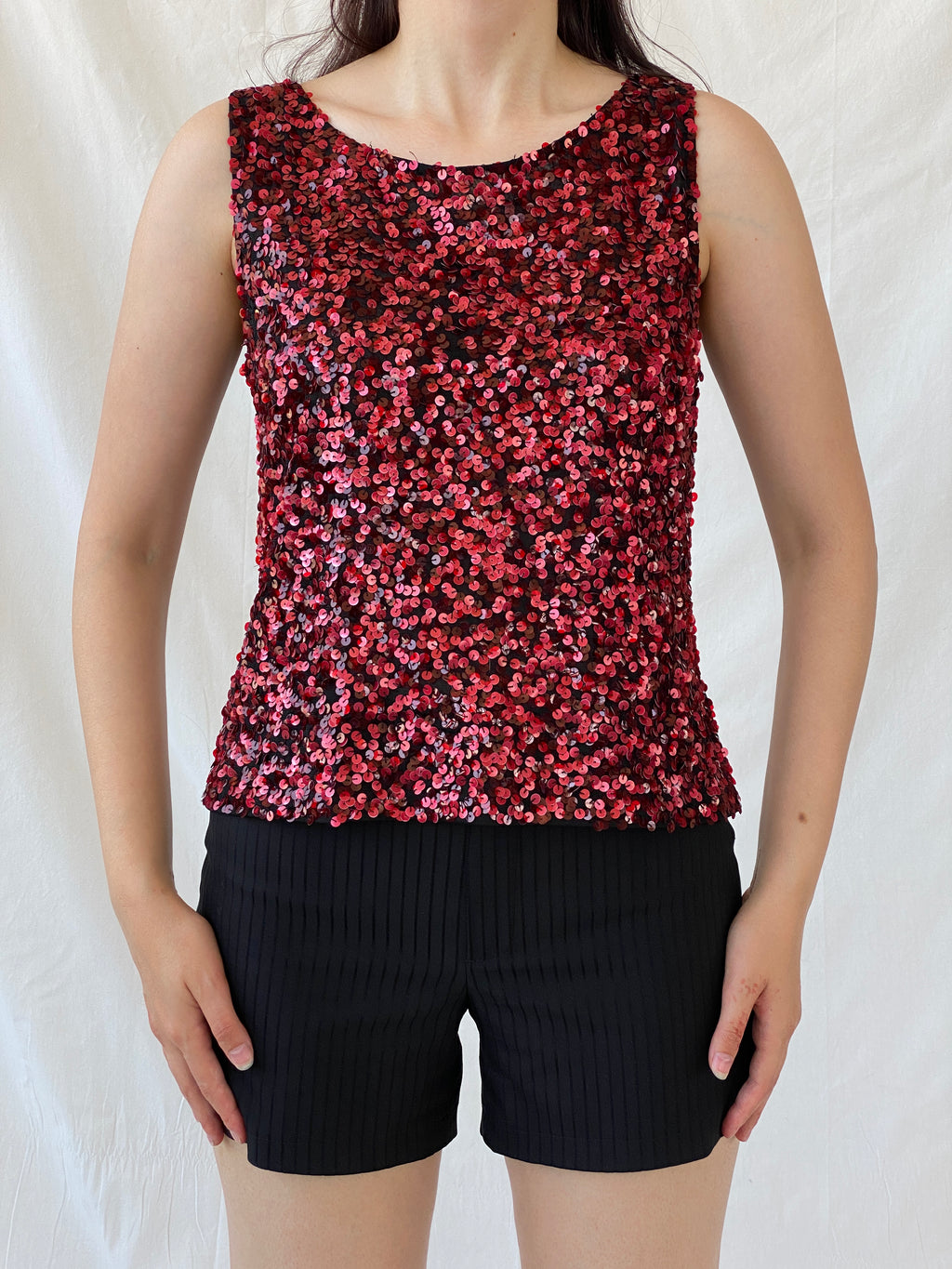 Vintage Vera Mont France Sequin Red Evening Top Sleeveless Party Tank Top - L
