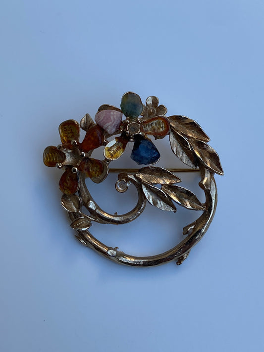 Vintage Capri Gold Floral Wreath Brooch with Multicolor Cabochons