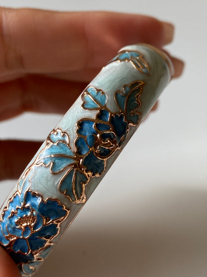Vintage Chinese Cloisonné Floral Bangle Bracelet Blue Enamel Flowers Rose Gold-Tone Metal