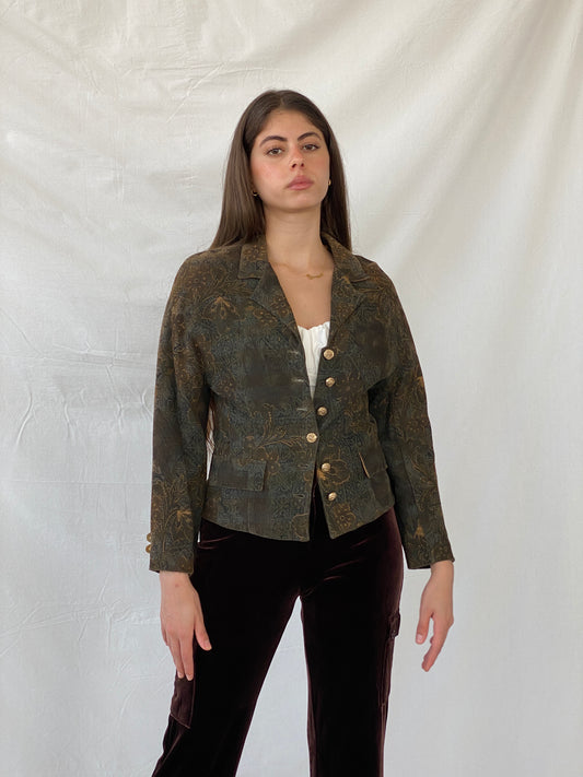 Vintage Happening Floral Olive Green Corduroy Heavy Blazer - M