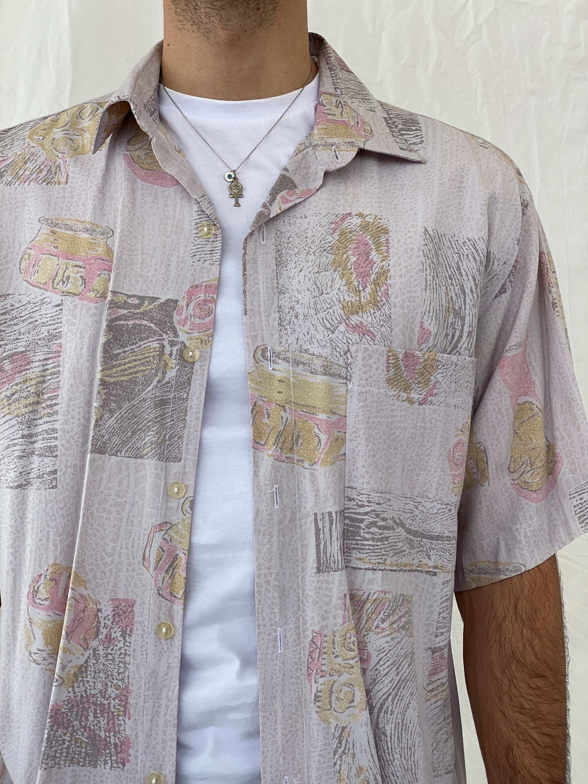 Vintage 80s/90s Euro Fashion Pastel Pink Half Sleeve Shirt Size L/XL - Balagan Vintage Half Sleeve Shirt 80s, Awsam, half sleeve shirt, mens shirt, NEW IN, printed shirt