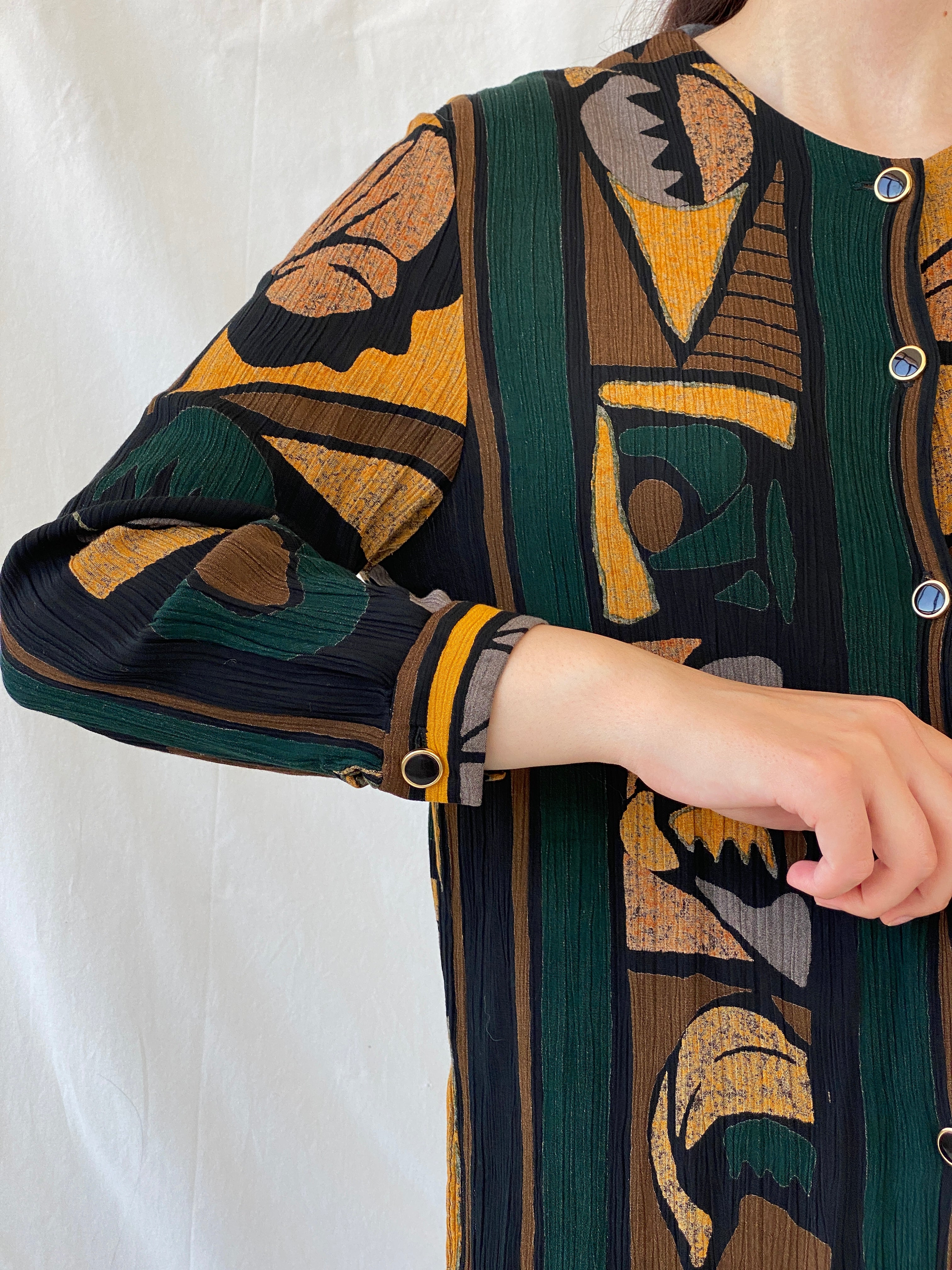 Vintage Your Sixth Sense Abstract Print Full Sleeve Boho Retro Button Up Shirt - XL