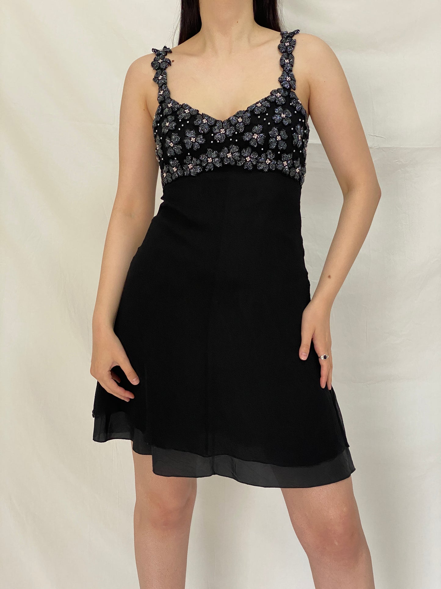 Vintage 90s A.J. Bari Black Silk Beaded Floral Bodice Mini Dress - S
