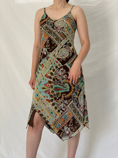 Vintage Y2K La City Brown Paisley Handkerchief Hem Slip Dress - S